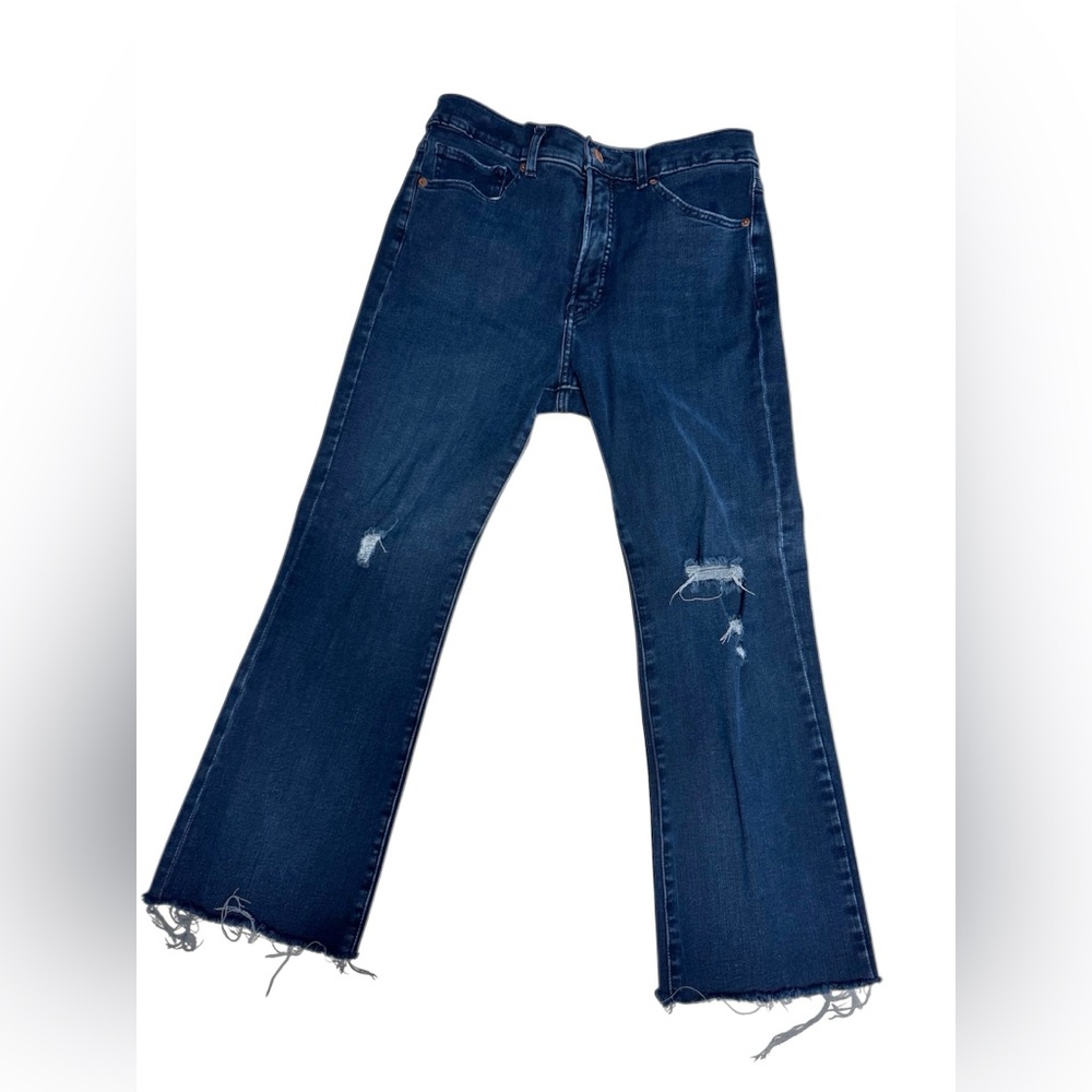 Express Distressed Dark Blue Denim Cropped Flare Jeans Size 10 R